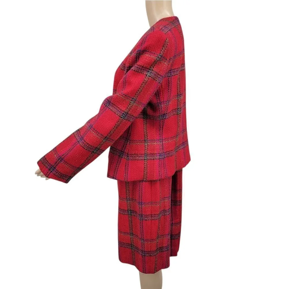 Ellen Tracy Red Plaid Blazer Double Breasted Gold Buttons Skirt Suit Set Tweed